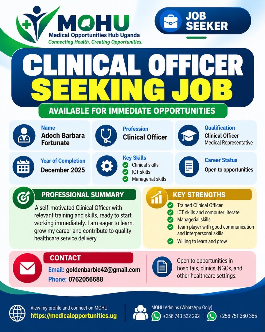 Clinical Officer Seeking Employment - Adoch Barbara Fortunate