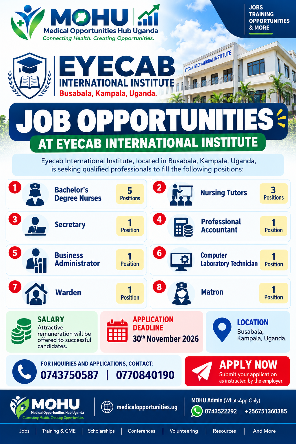 14 Job Vacancies – Nurses, Tutors, Administration and Support Staff