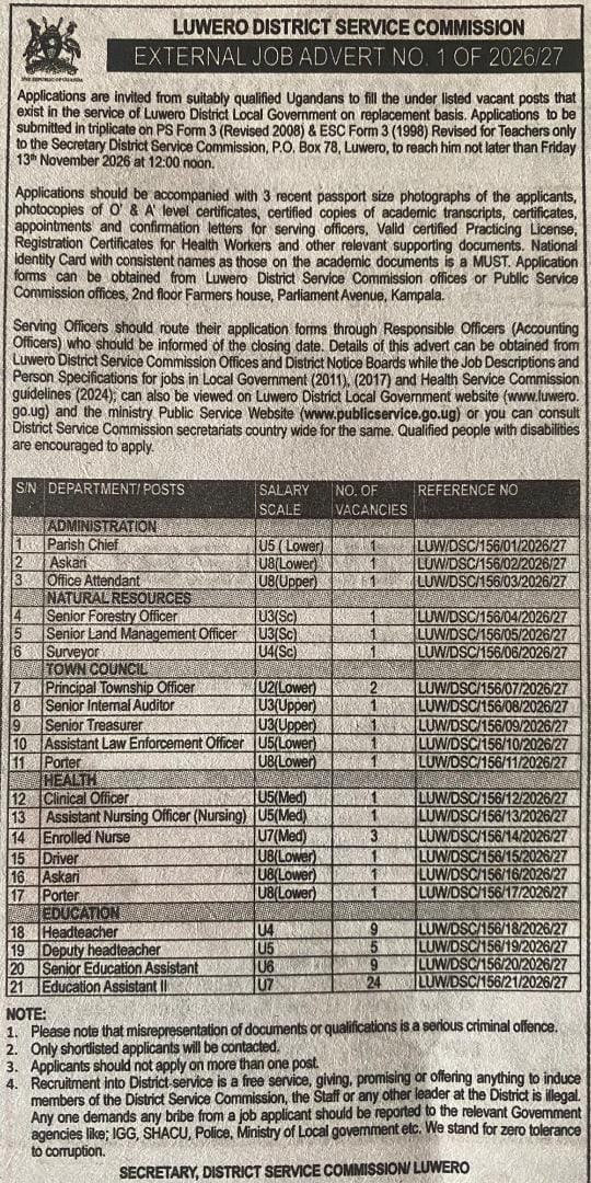 Luwero District Service Commission - External Job Advert 1/2026-27 (21 posts; 67 vacancies)