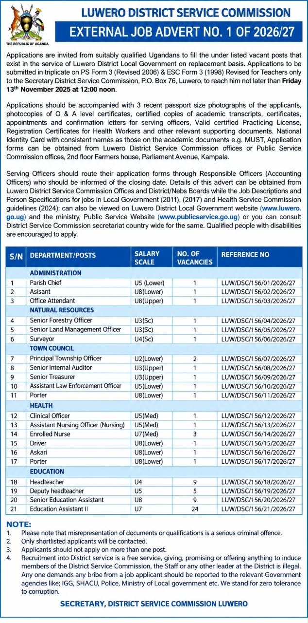 Luwero District Service Commission - External Job Advert 1/2026-27 (21 posts; 67 vacancies)