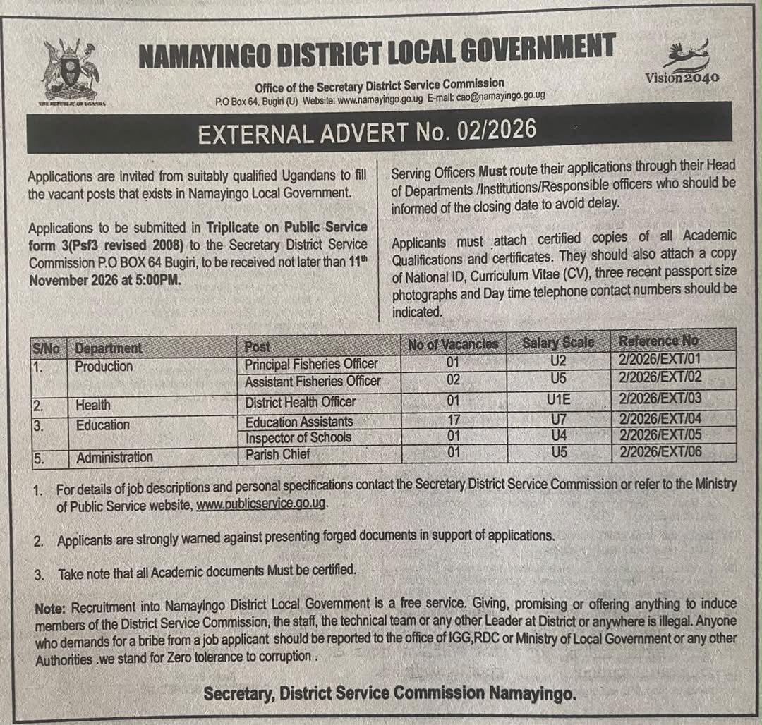 Namayingo District Recruitment Advert No. 02/2026