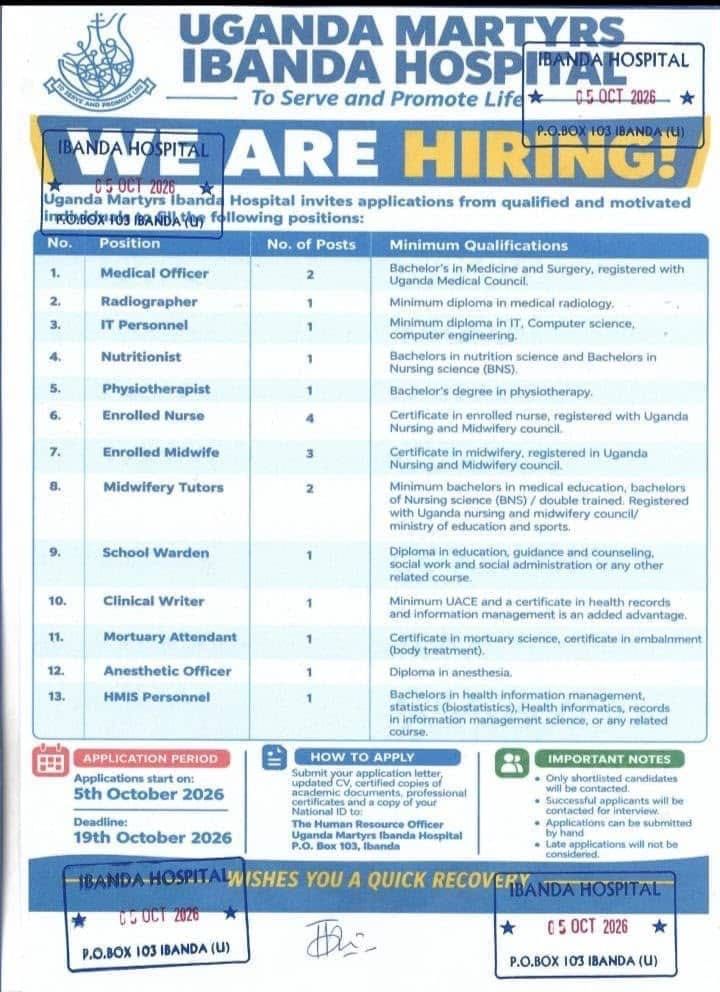 Multiple Job Opportunities — Uganda Martyrs Ibanda Hospital