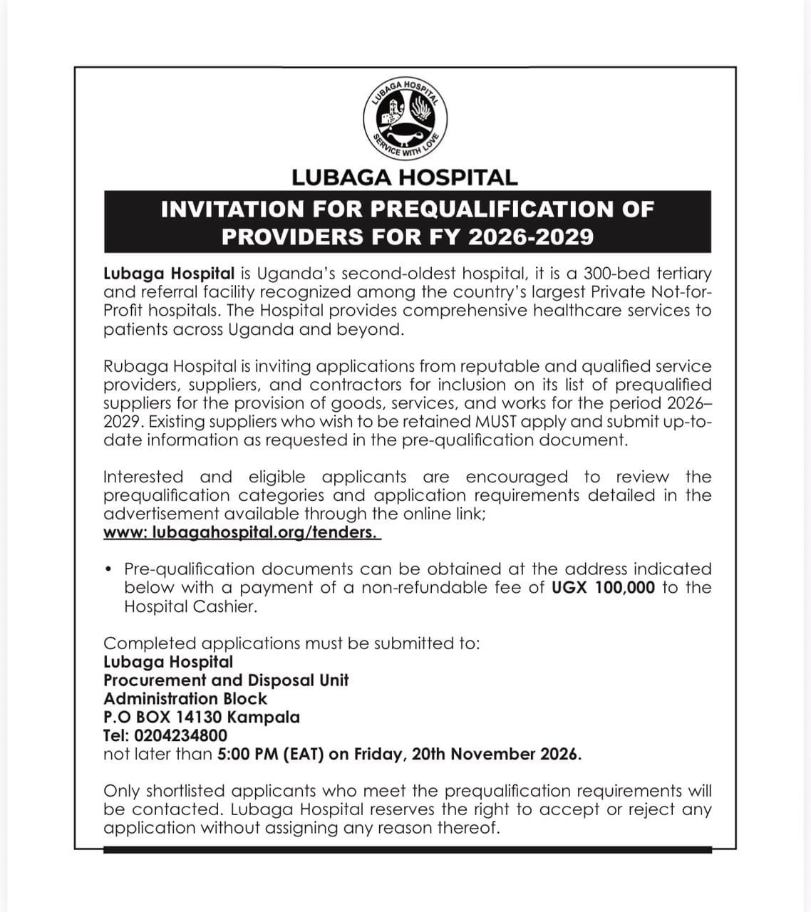 Lubaga Hospital – Prequalification of Providers for FY 2026–2029
