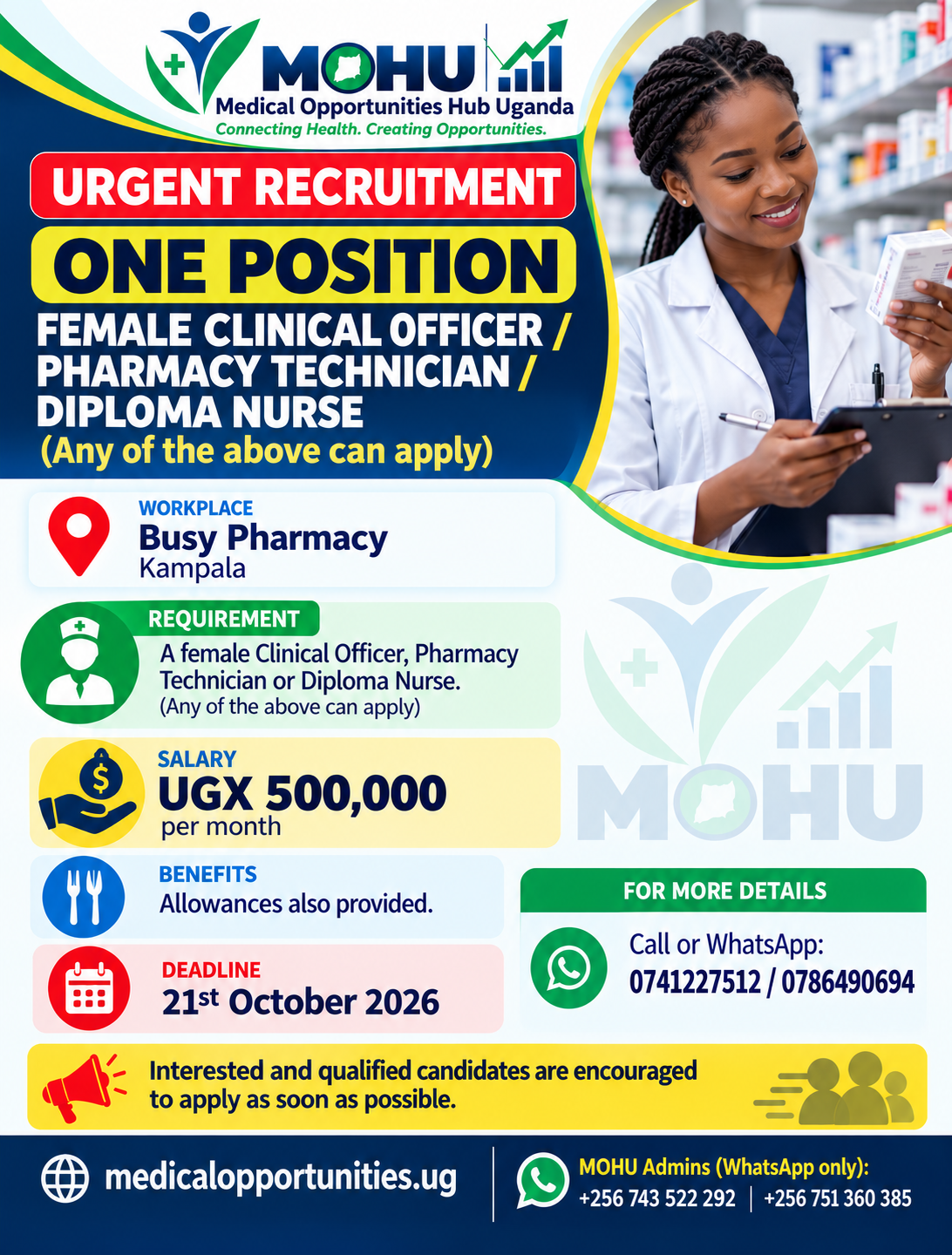 Female Clinical Officer OR Pharmacy Technician OR Diploma Nurse — One Vacancy