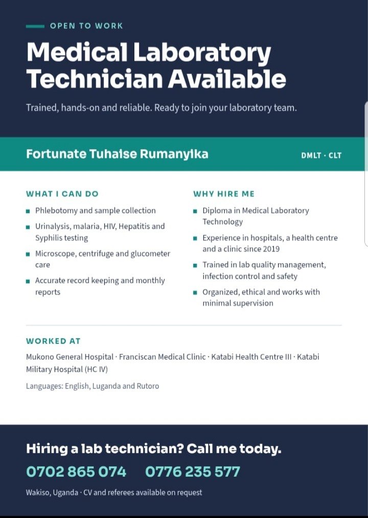 Medical Laboratory Technician Available for Employment — Fortunate Tuhaise Rumanyika