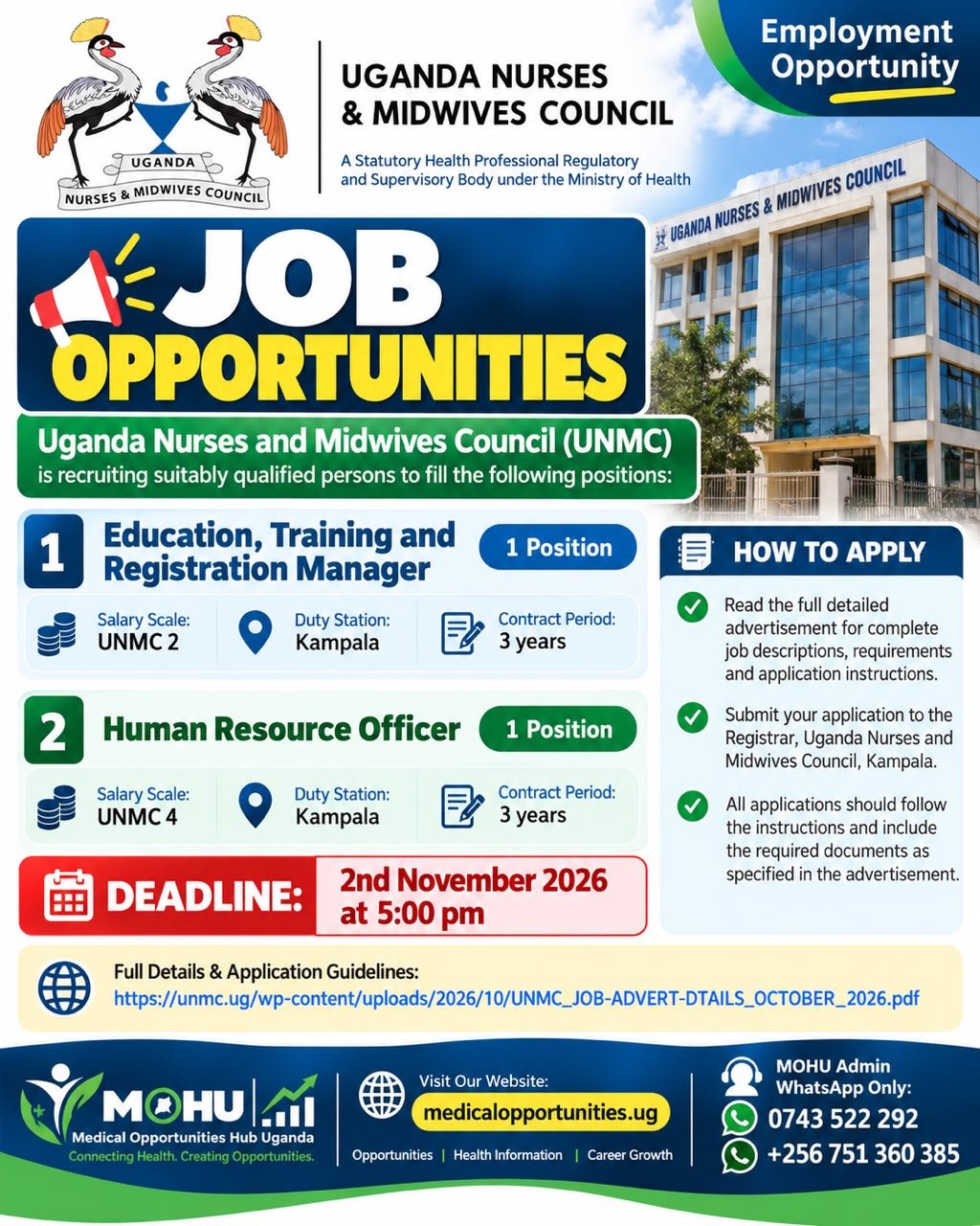 UNMC Recruitment 2026 - Education, Training and Registration Manager & Human Resource Officer