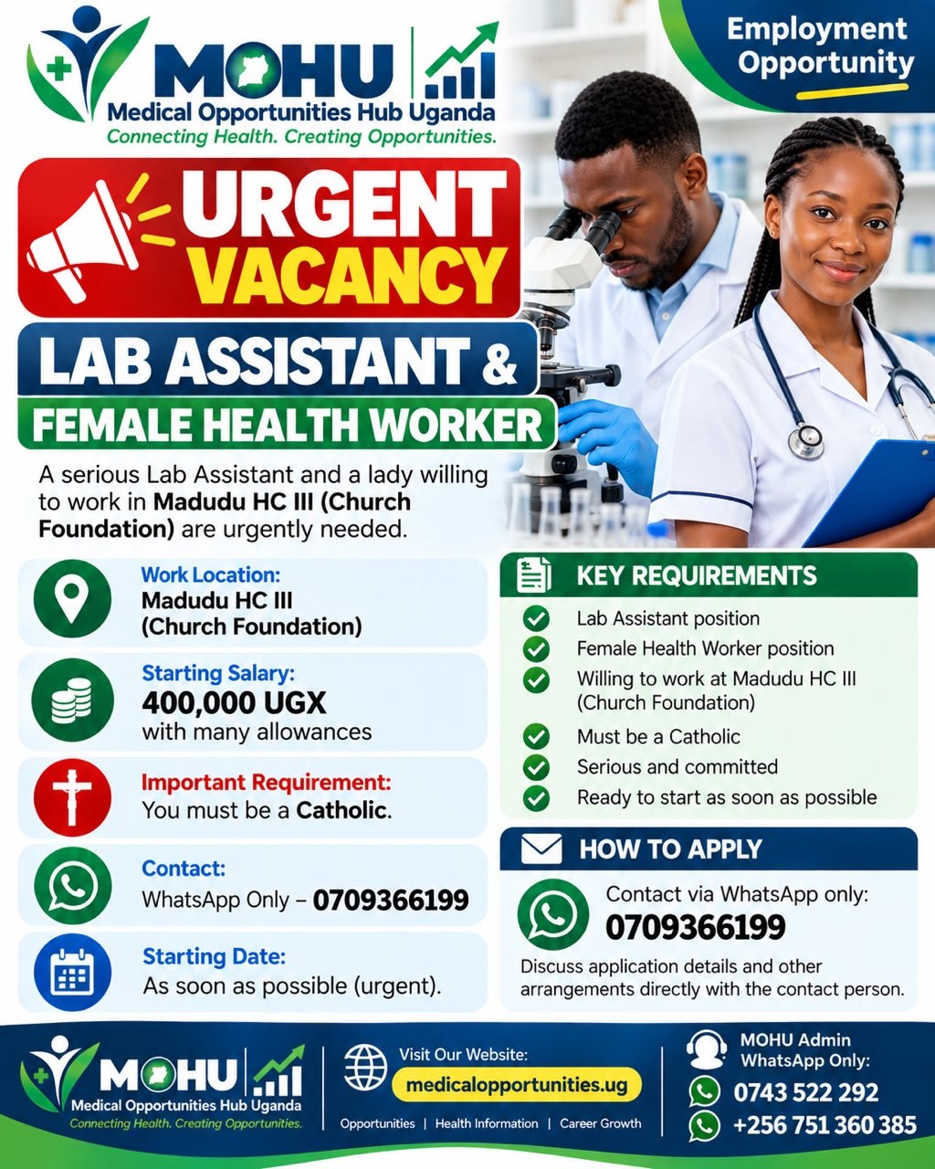 Urgent Vacancies - Lab Assistant and Female Health Worker