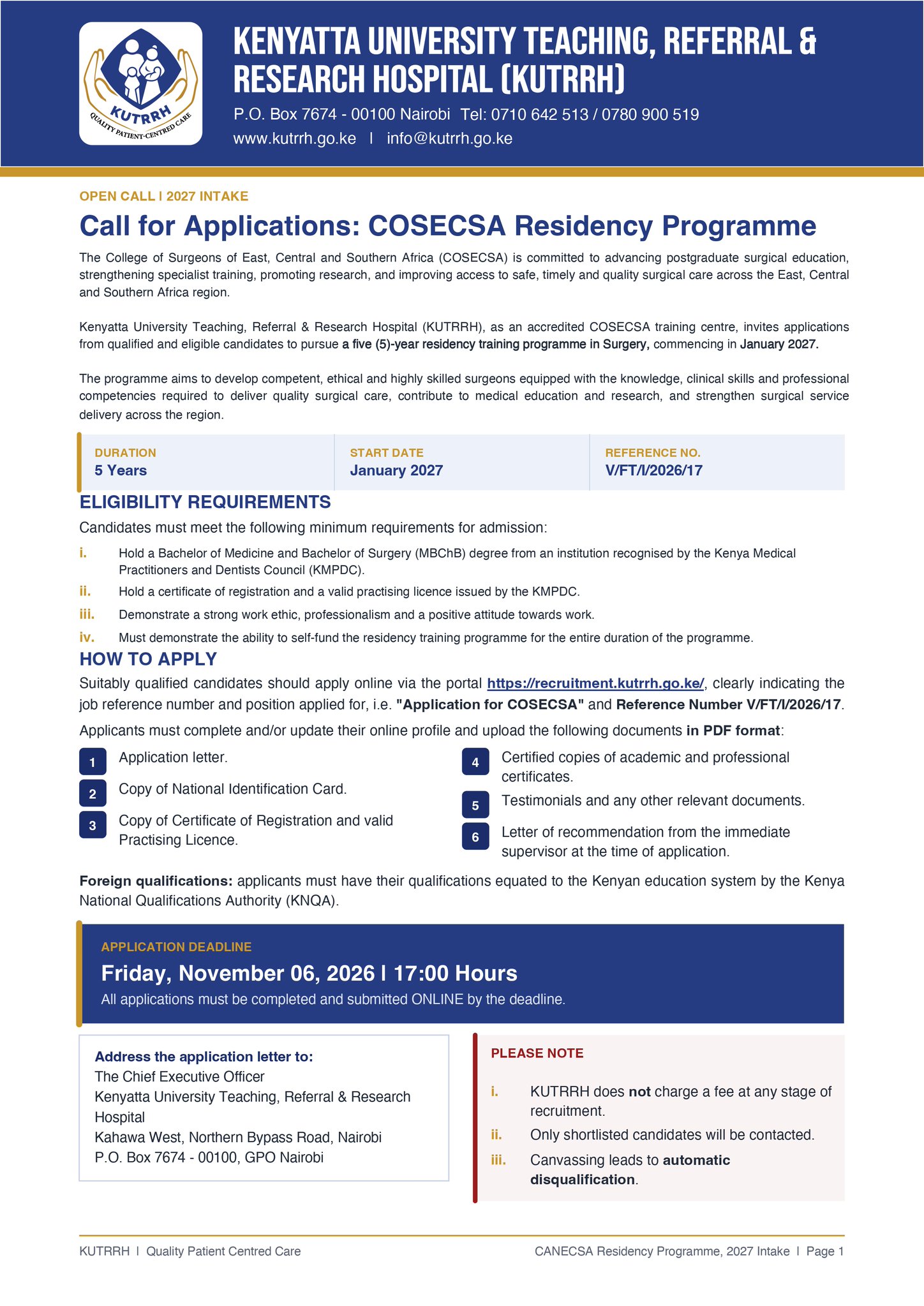 COSECSA Surgery Residency Programme – 2027 Intake (Ref V/FT/I/2026/17)